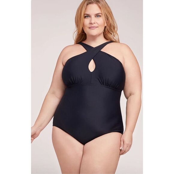 LYSA Kylie High Neck Plus Size One Piece Black Swimsuit Size 1X (18-20) - Picture 1 of 16